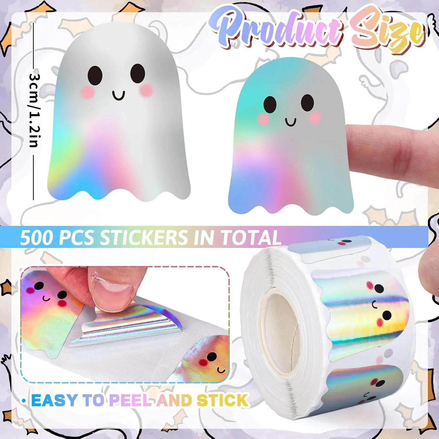 

500pcs Halloween Ghost Stickers Roll Ghost Laser Stickers Decorative Self-Adhesive Paper Decals For Halloween Party Favors