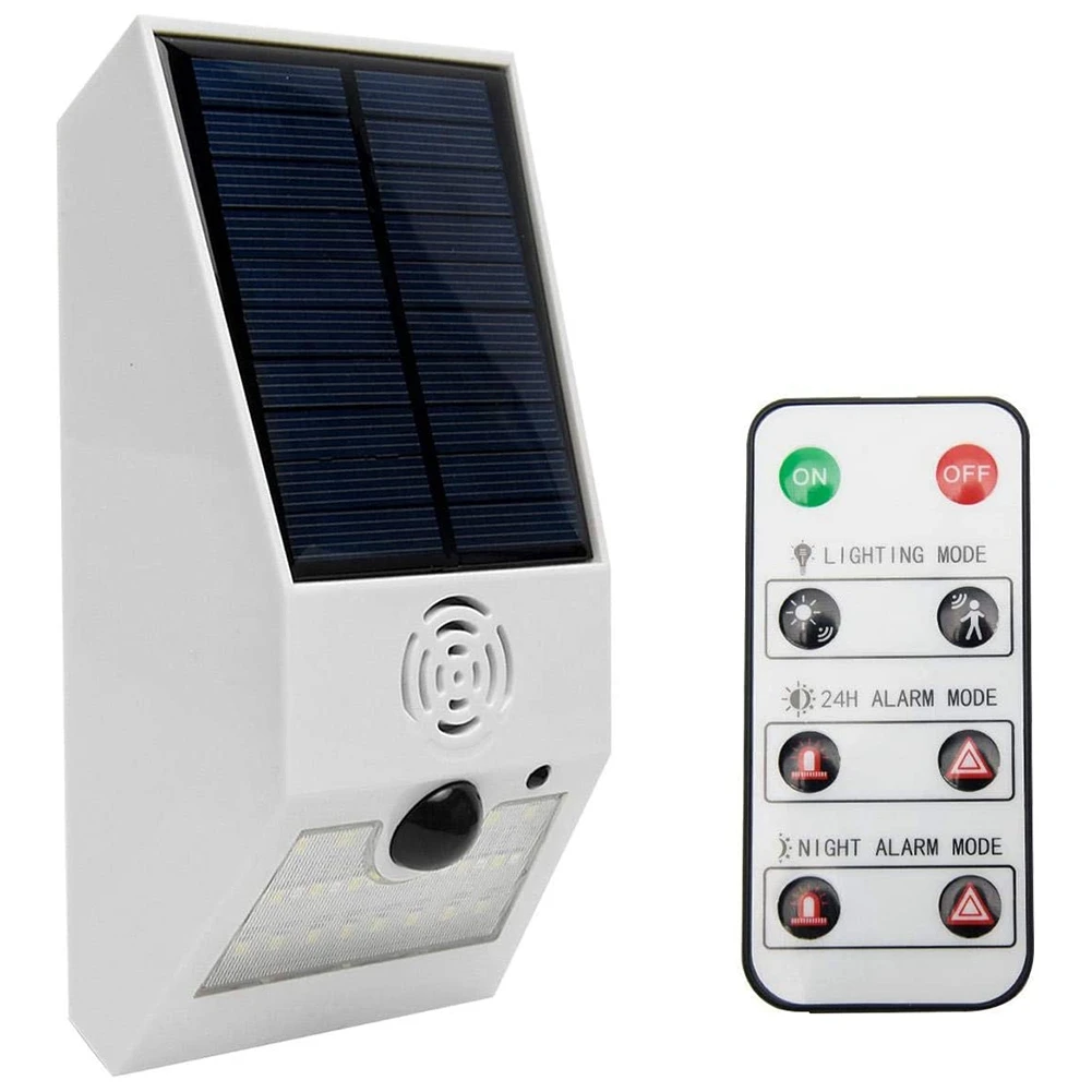 Solar Alarm Light, Solar Strobe Light with Motion Detector Solar Alarm Light, Motion Detector with Remote Control White