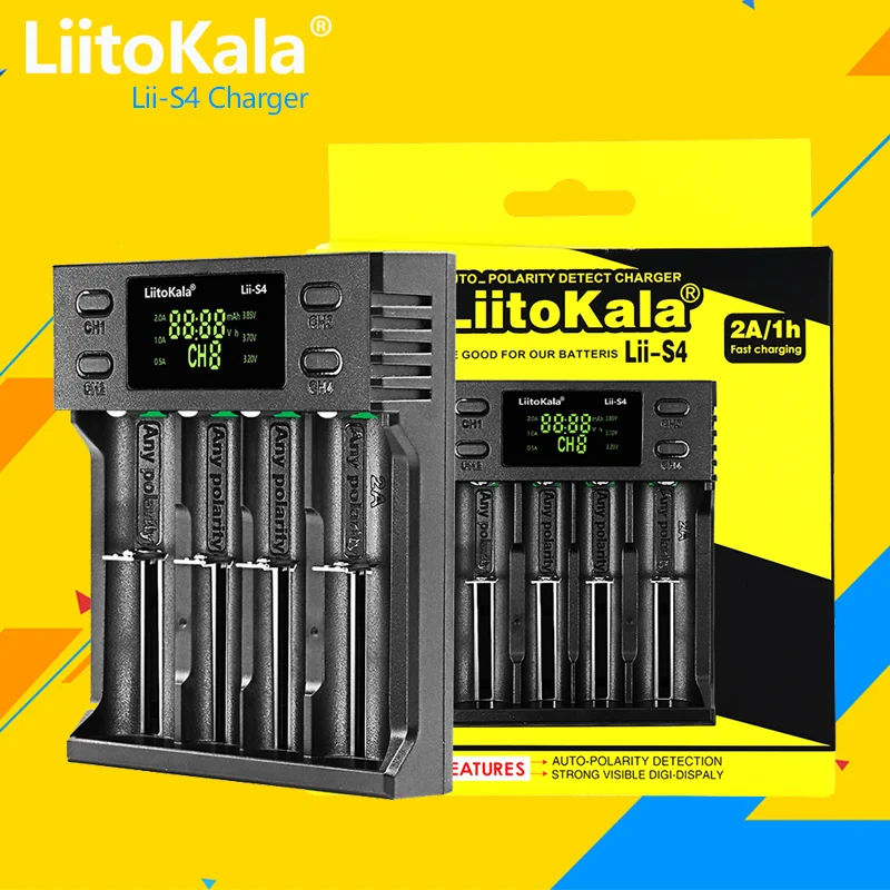 LiitoKala Lii‑S4 4‑Slot LCD Smart Battery Charger for Li‑ion Ni‑MH AA AAA 18650 21700 26650 Rechargeable Batteries ﻿