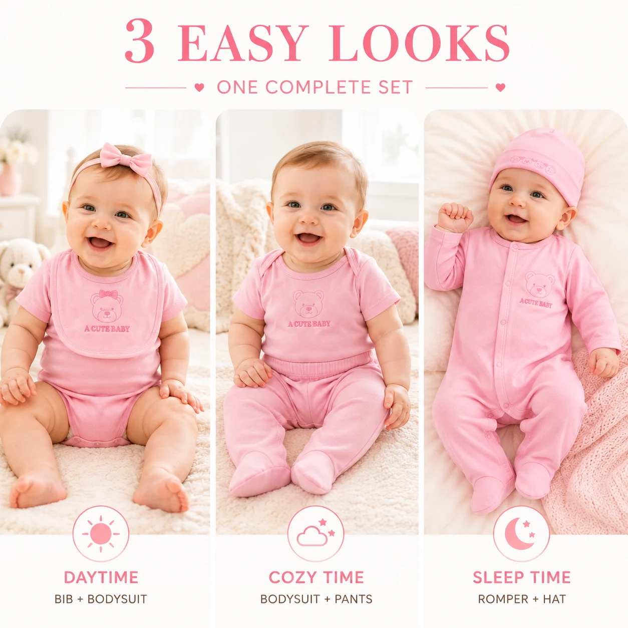 6Pcs Newborn Baby Girl Clothes Set Cute Bear Bodysuit Romper Pants Bib Hat Infant Outfit 0-6 Months
