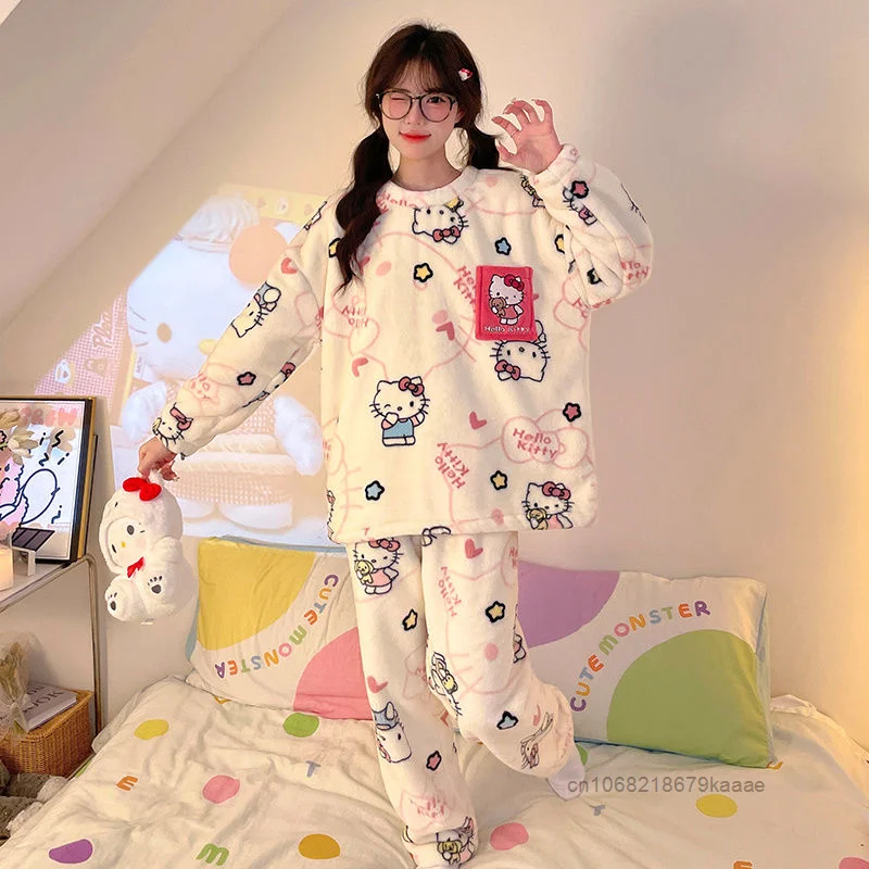 Sanrio Hello Kitty Women\'s Winter New Cartoon Pajamas Coral Fleece Round Neck Home Clothes Sweet Y2k Girl Plush Thick Sleepwear