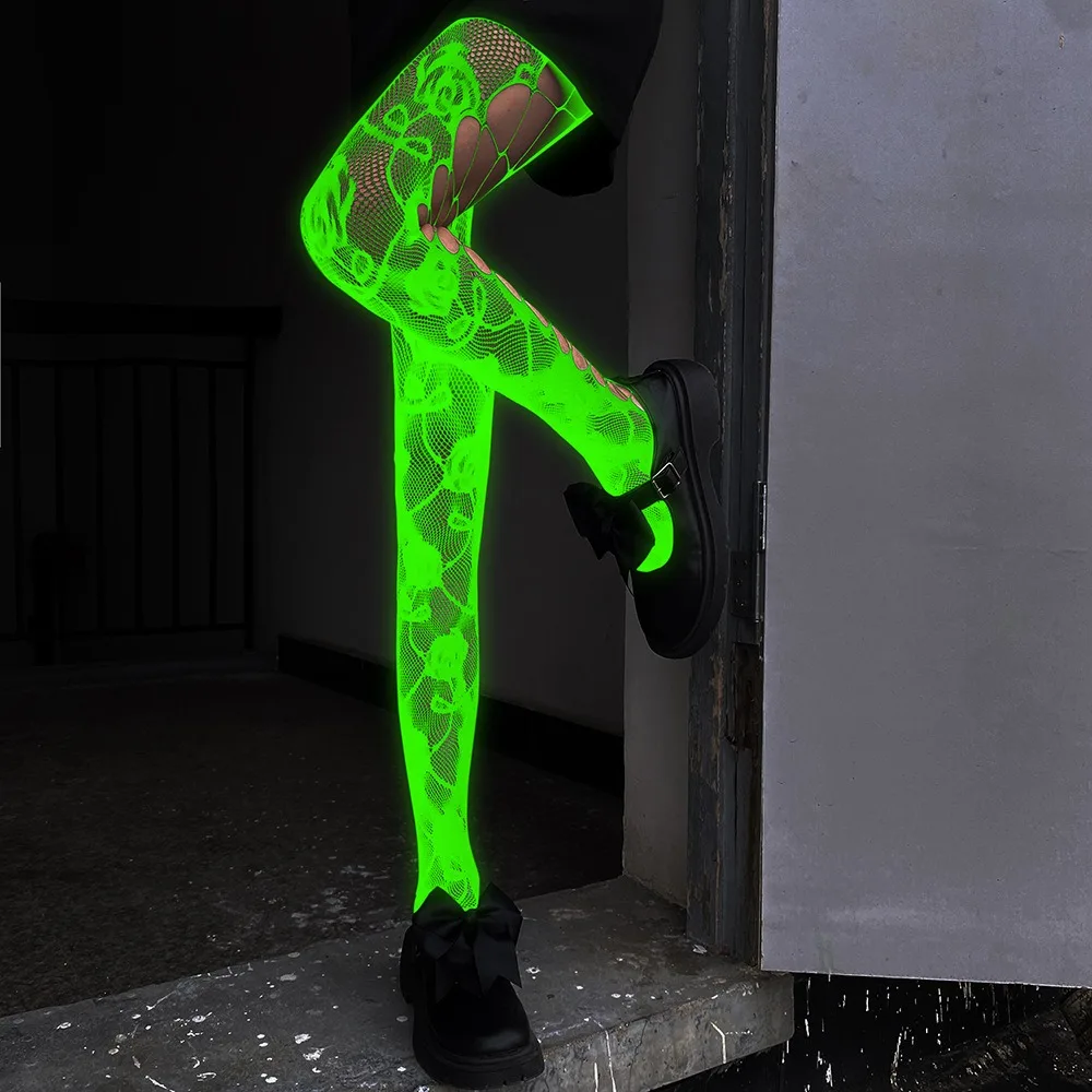 Im Dunkeln leuchtende Netzstrumpfhose, Y2K Sexy Hollow Out Strumpfhose Einheitsgröße