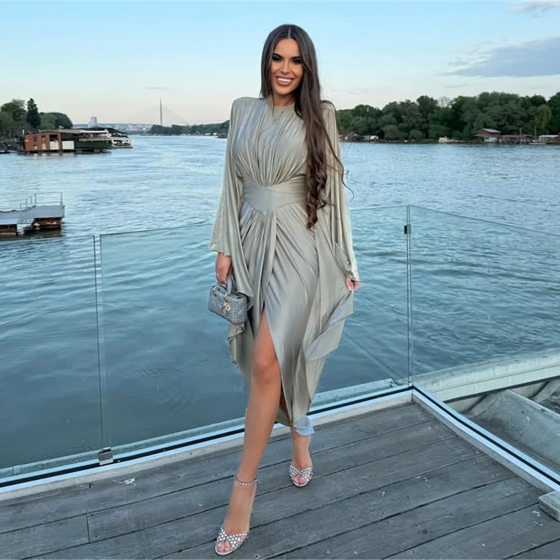 Unregelmäßiges, plissiertes Kleid mit Schlitz, Abend-Club-Kleider, 2025, Damen-Herbst, sexy, figurbetontes Maxikleid, Party, elegantes Abendkleid