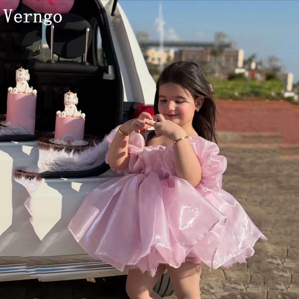 

Verngo Princess Pink Shiny Satin Mini Girl Fowers Dress O Neck A Line Birthday Party Dresses Bow Kid Prom Gown Customized