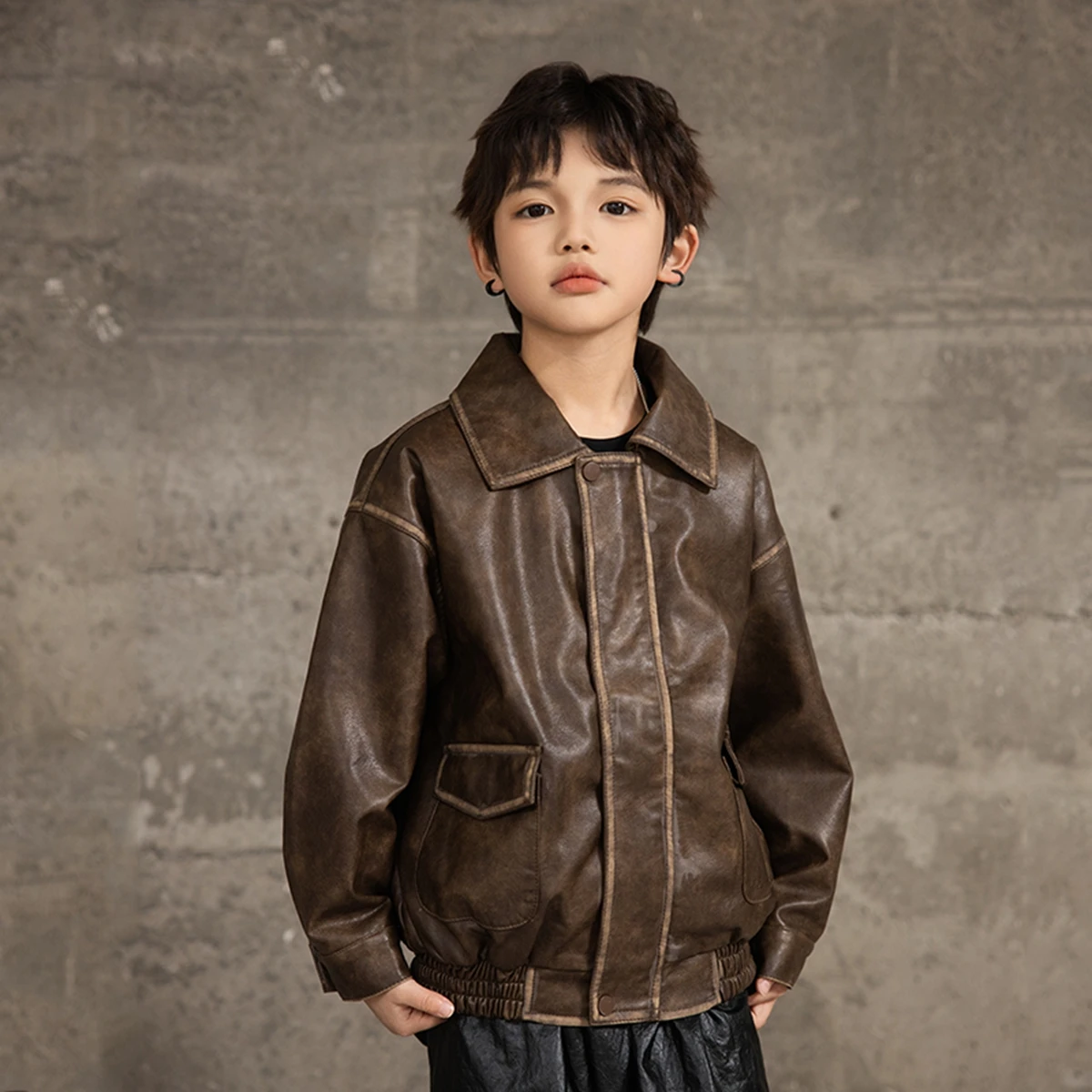 Boys Leather Jacket Coat Spring Autumn Style Korean Version Pure Color Long Sleeve Zipper Closure Soft PU Leather Coat for Kids