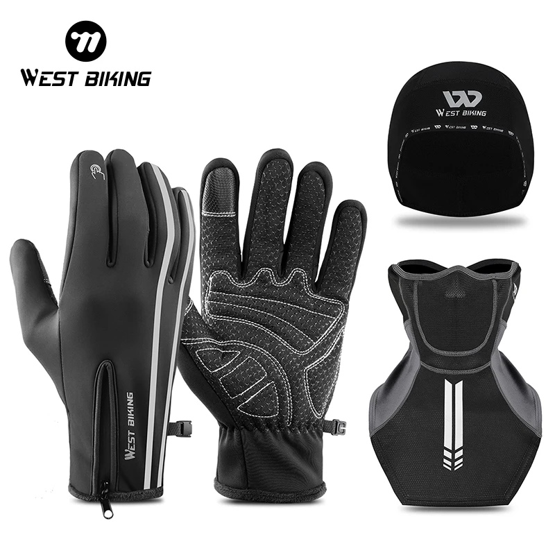 WEST BIKING Winter Warm Set Touch Screen Gloves Reflective Windproof Mask Cap Outdoor Sports Warm Set Running Cycling Equipment