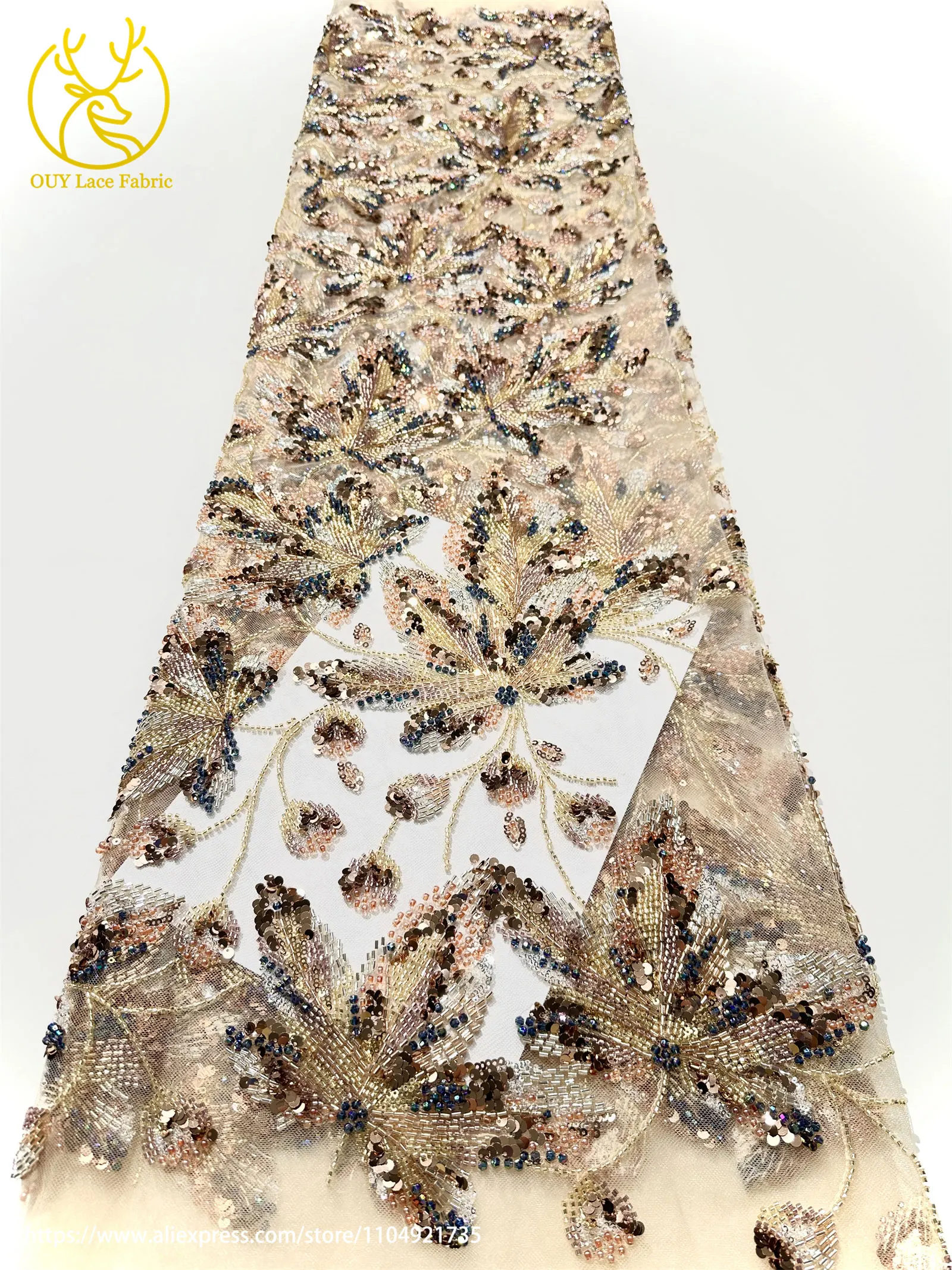 Lila Luxuriöser Afrikanischer Perlen-Spitzenstoff 2026 Modische Französische Nigerianische Pailletten-Stickerei-Spitze für Brautkleider – Detail 6