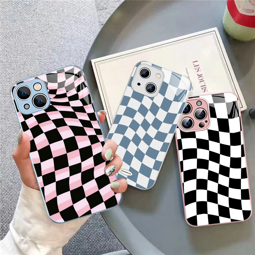 Retro Wavy Checkered Phone Case Tempered Glass For Iphone 14 13 12 11 Pro Mini XS MAX 14Plus X XS XR Fundas