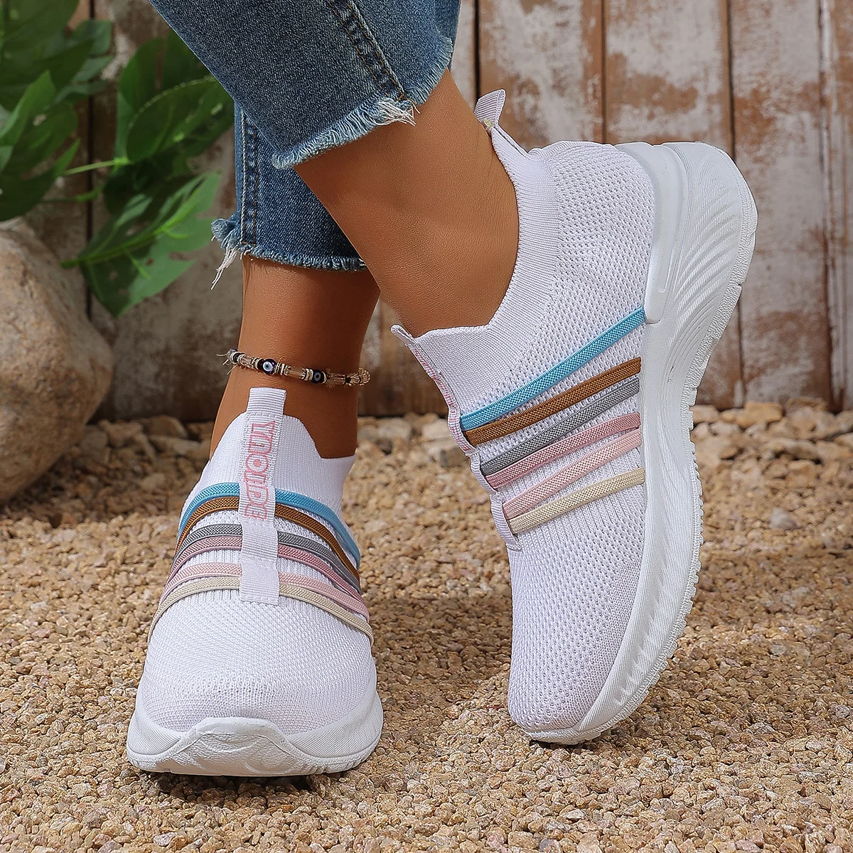 New Women's Breathable Mesh Slip On Sneakers Pink Striped Casual Tennis Shoes Lightweight Comfort Running Shoes image 3