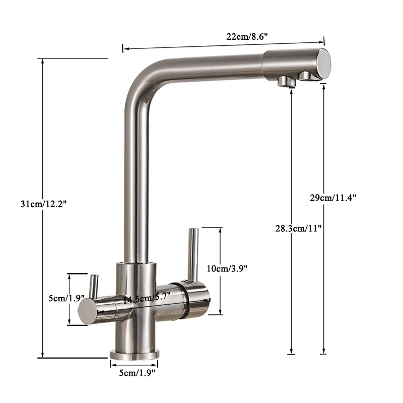 Filter Kitchen Faucet Drinking Water Kitchen Tap Deck Mounted Dual Handles 3-Way Hot Cold Water Mixer