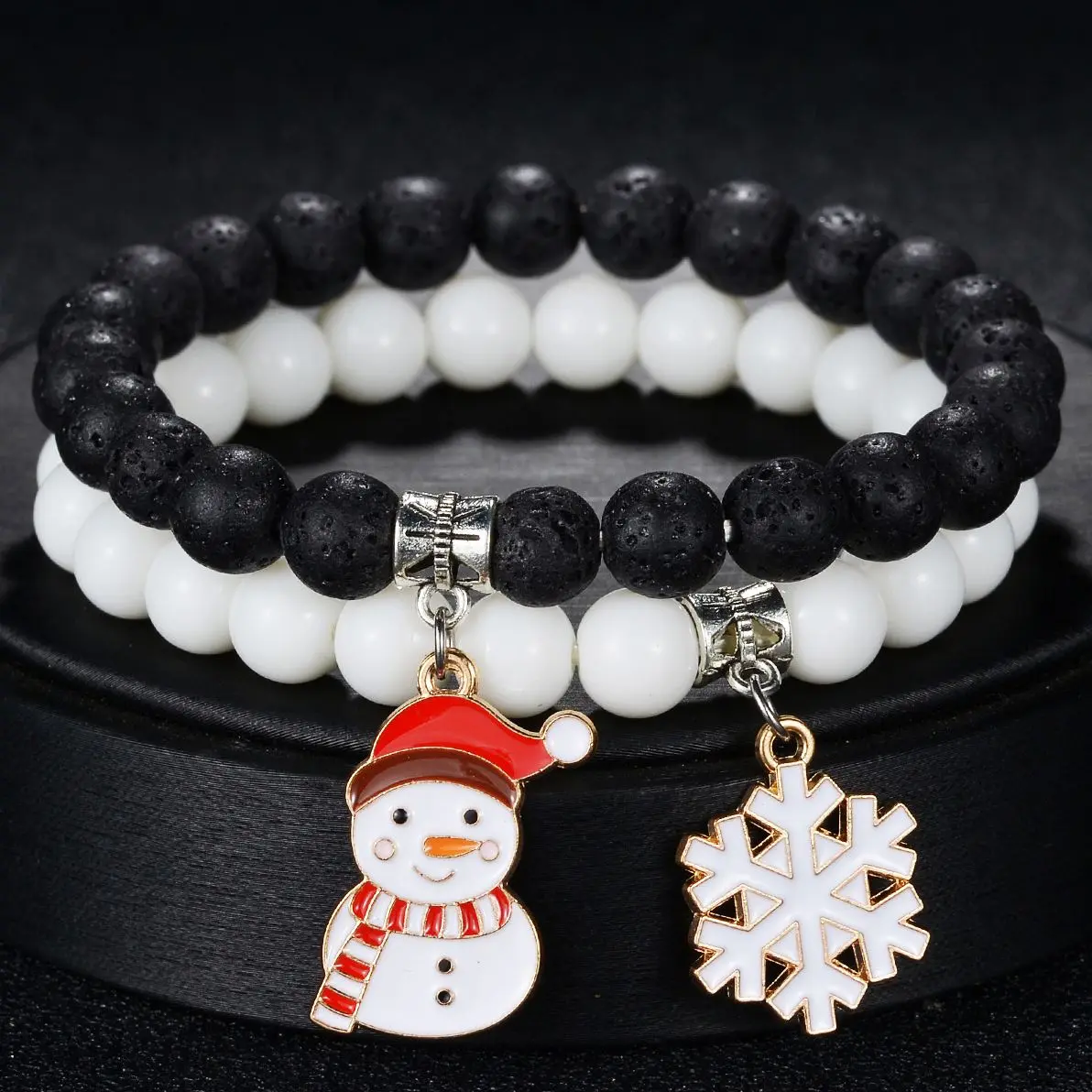 2Pcs/Set 2023 Fashion Christmas Santa Claus Stone Beads Bracelet White Black Beaded Bracelets for Women Men Jewelry