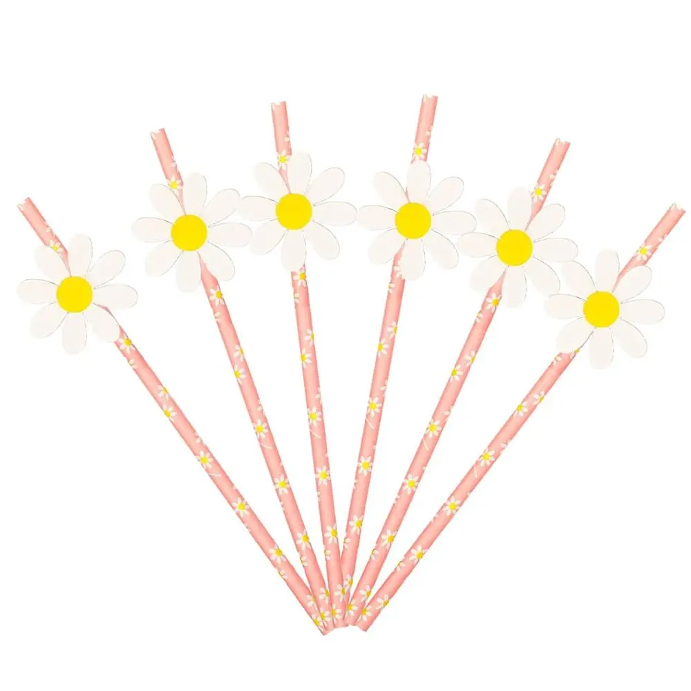 20pcs Paper Daisy Straws Party Decorations Long Degradable Drinking Straw 6mm Stripe Pattern Disposable Straws Girls