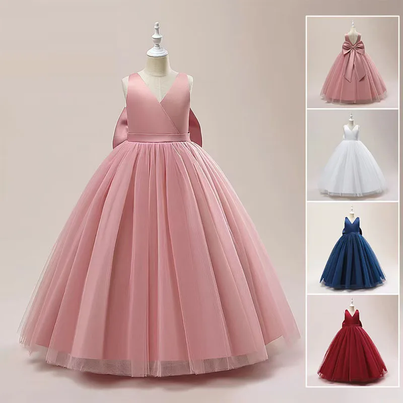 

Girls Dress Pink Mesh Big Bow Girl Party Long Dresses Children Princess Ball Gown Dress Sleeveless Kids Wedding Birthday Dress