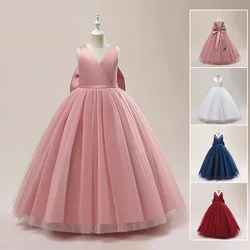 Girls Dress Pink Mesh Big Bow Girl Party Long Dresses Children Princess Ball Gown Dress Sleeveless Kids Wedding  Birthday Dress