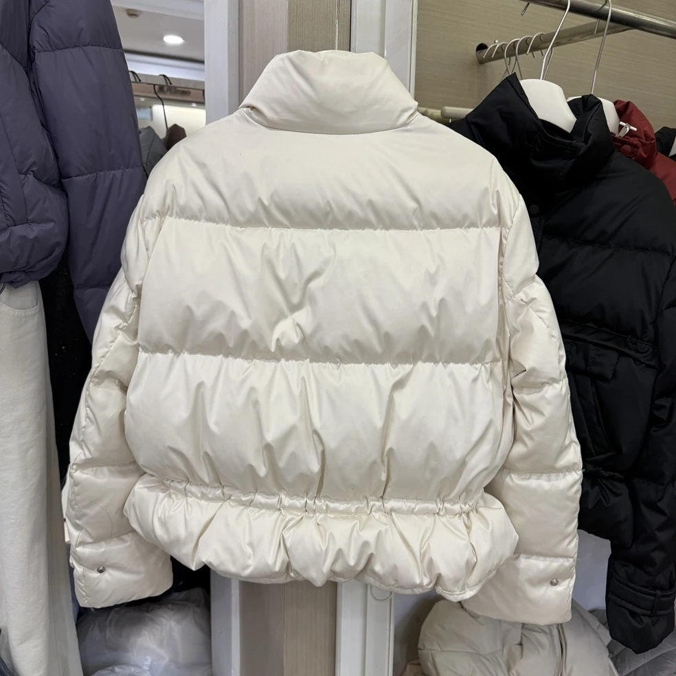 여성용 가을 겨울 두꺼운 따뜻한 흰색 오리털 숏 코트 여성 스트리트웨어 터틀넥 긴 소매 허리 조임 다운 아우터웨어