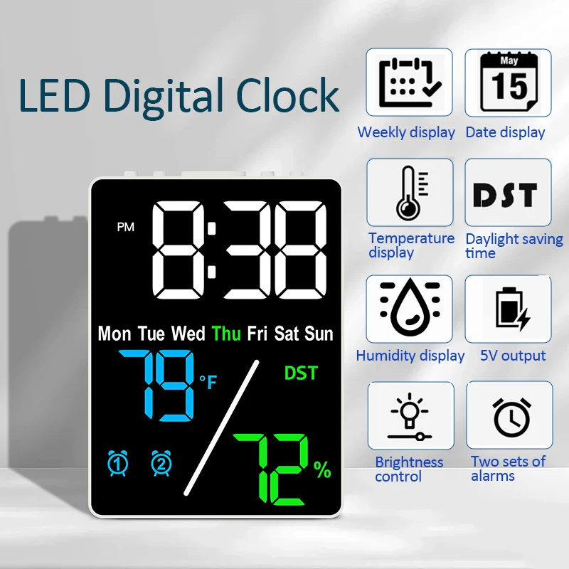 LED Digital Clock 3 Level of Brightness Electronic Alarm Clock DST Temperature Humidity Date Week Display Two Alarm Snooze Clock