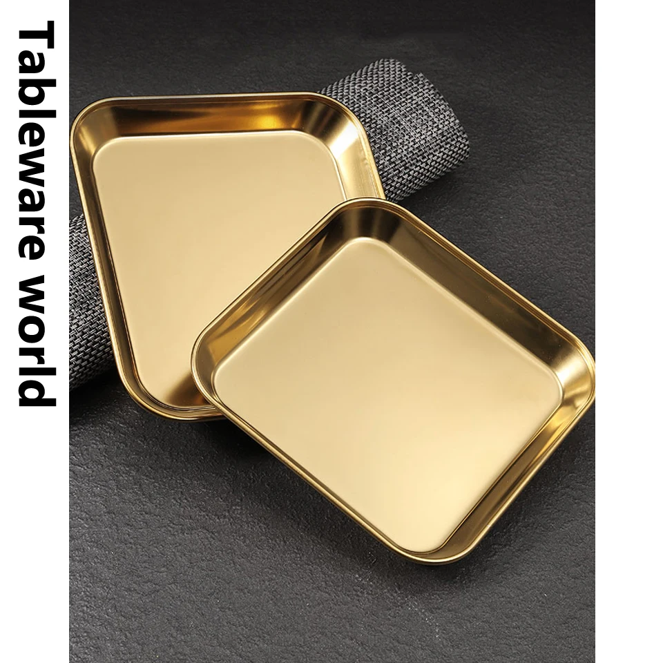 304 Stainless Steel Square Plate Golden Thick Skewers Dish Plate Restaurant Commercial Flat-bottom Korean Barbecue Tableware