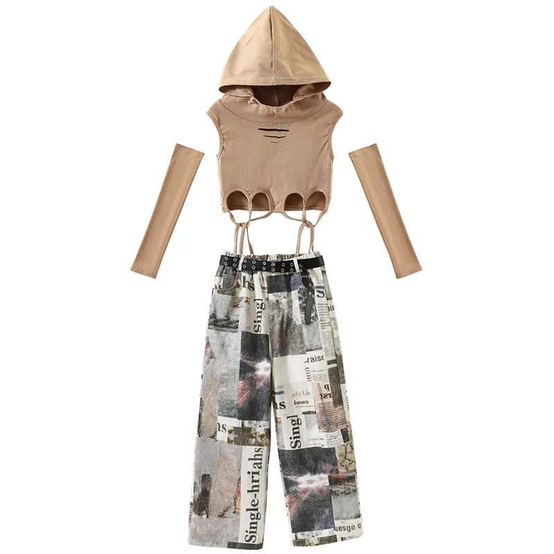 Kid Wasteland Hip Hop Clothing Brown Hoodie Crop Tank Camouflage Print Cargo Pants Shorts for Girls Jazz Dance Costumes Clothes