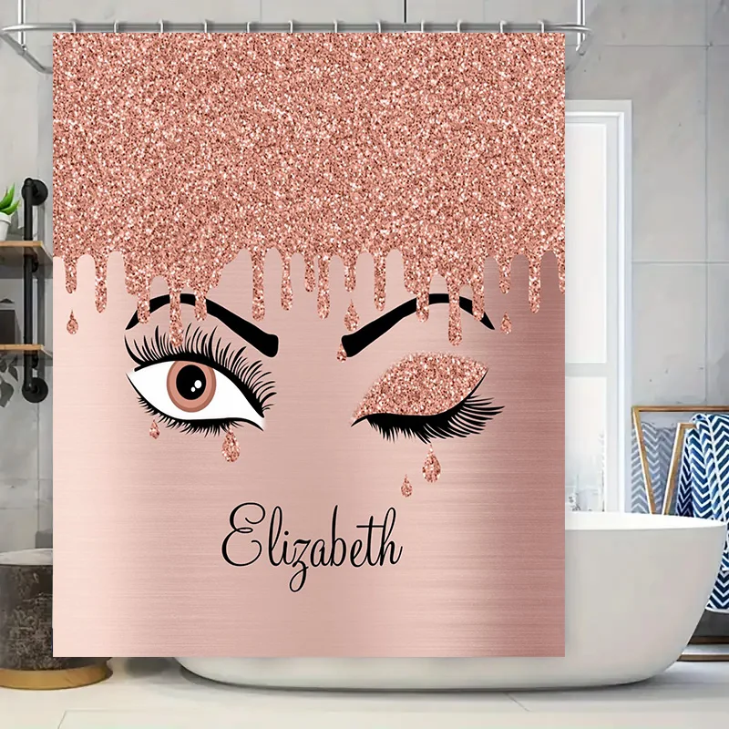 

Personalized Bathroom Curtains, Custom Name Shower Curtain, Rose Gold Glitter Makeup Eyelash Design Waterproof Washable Home Dec