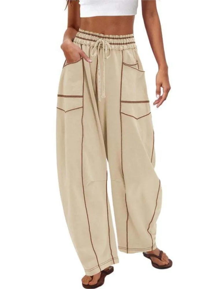 New Autumn Women's Casual Loose Pocket Wide-leg Sports Pants Fashion Solid Drawstring Waist Casual Pants Jogging Sportswear