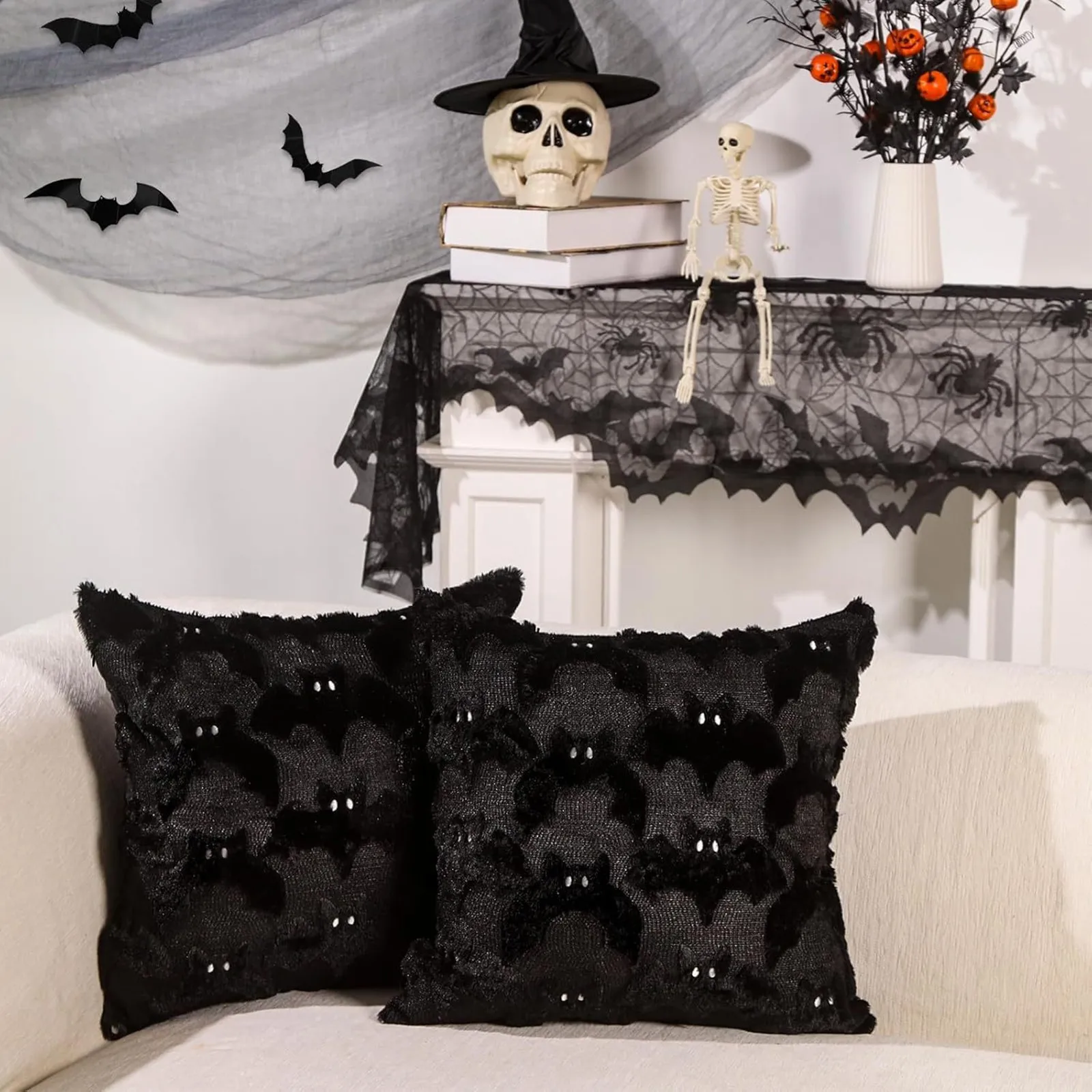 Halloween Ghost, Pumpkin, and Bat Printed Pillowcase Square Pillow Case Sofa Cushion Cover Comfortable Plush Pillow Cover