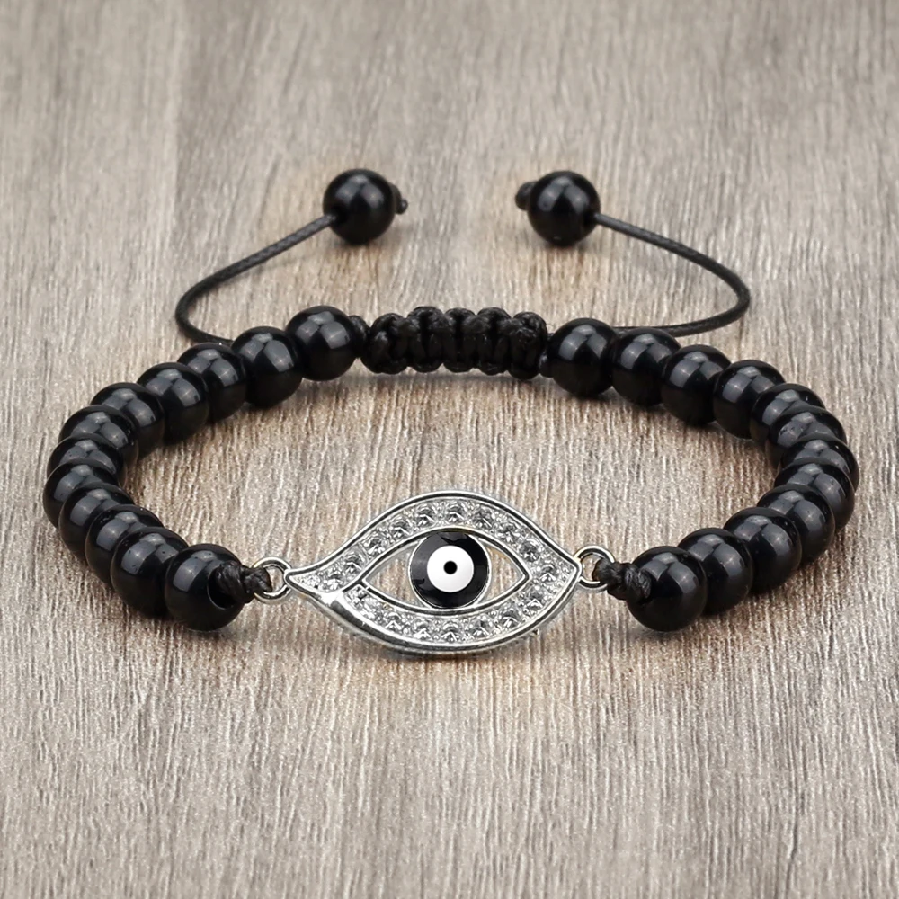 Vintage Matte & Shiny Black Stone Bracelets Lucky Crystal Evil Eye Bangles Handmade 6mm Onyx Beaded Bracelet for Friends Gifts