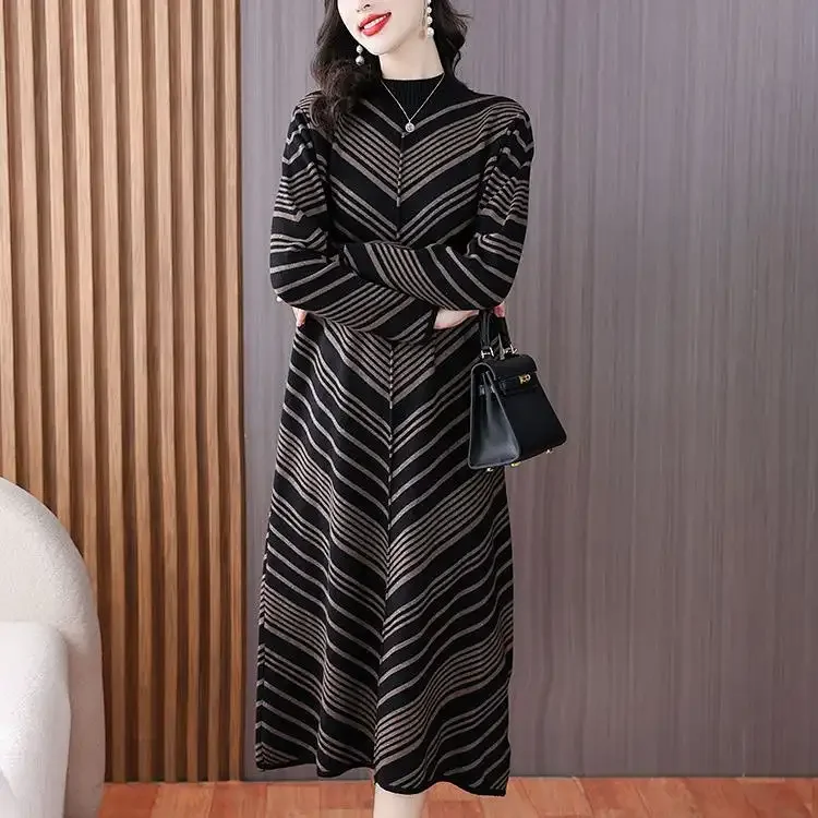 فستان أنيق مخطط منسوج برقبة عالية وأكمام طويلة للنساء موضة الخريف والشتاء فستان طويل مناسب ومضيئ مع #2