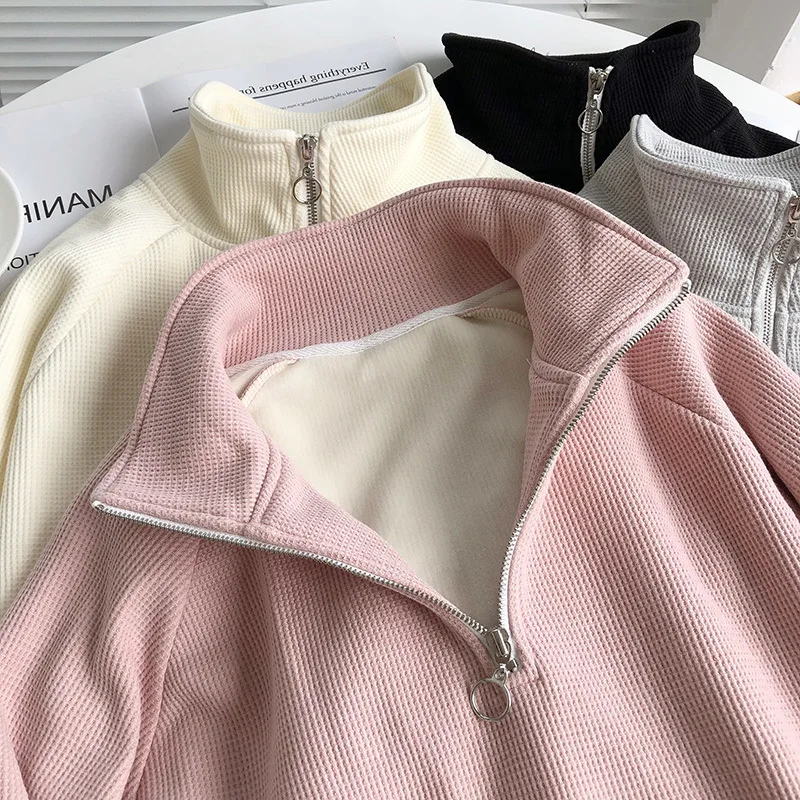 Waffle Sweatshirt Women Stand Collar Zipper Fleece Hoodie Oversized Loose Pullover Autumn Winter Elegant New Female BF Style Top