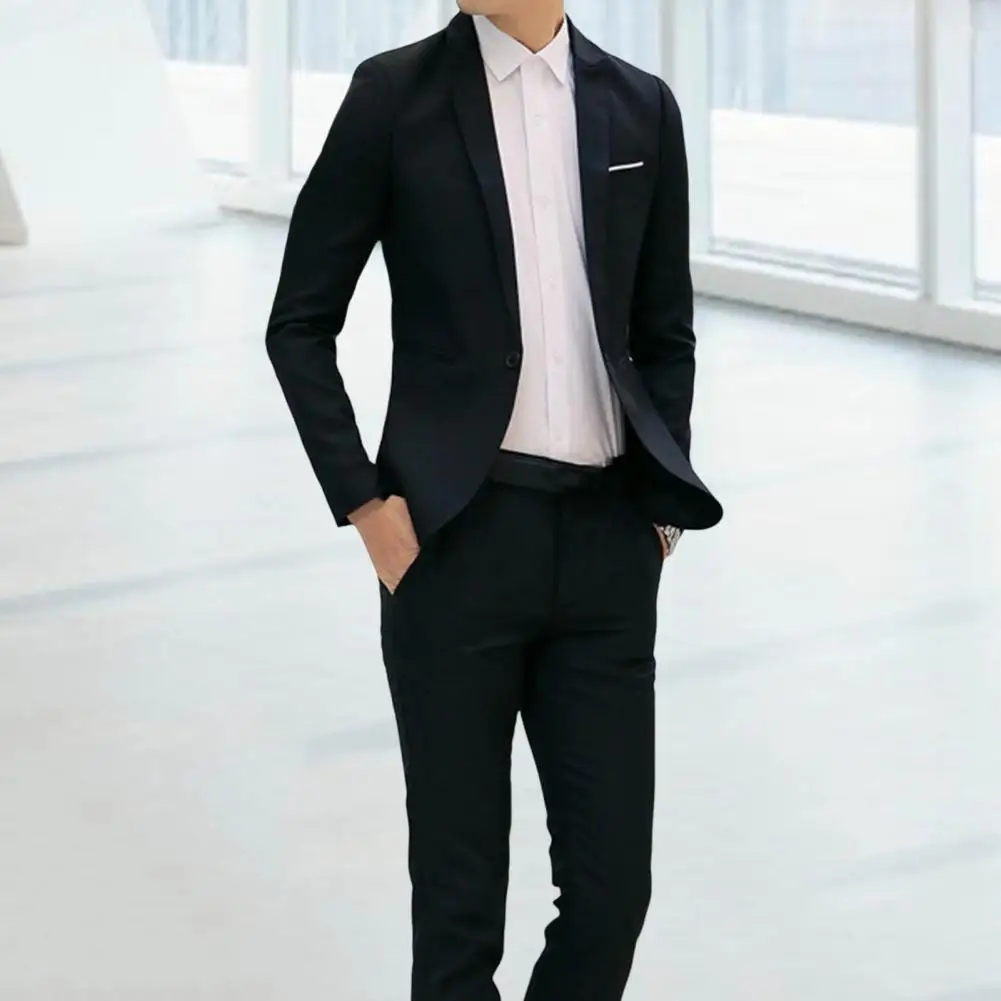 1 Set Attractive Groom Suit Super Soft Men Suit Solid Color Slimming Pure Color Blazer Pants Fine Stitching