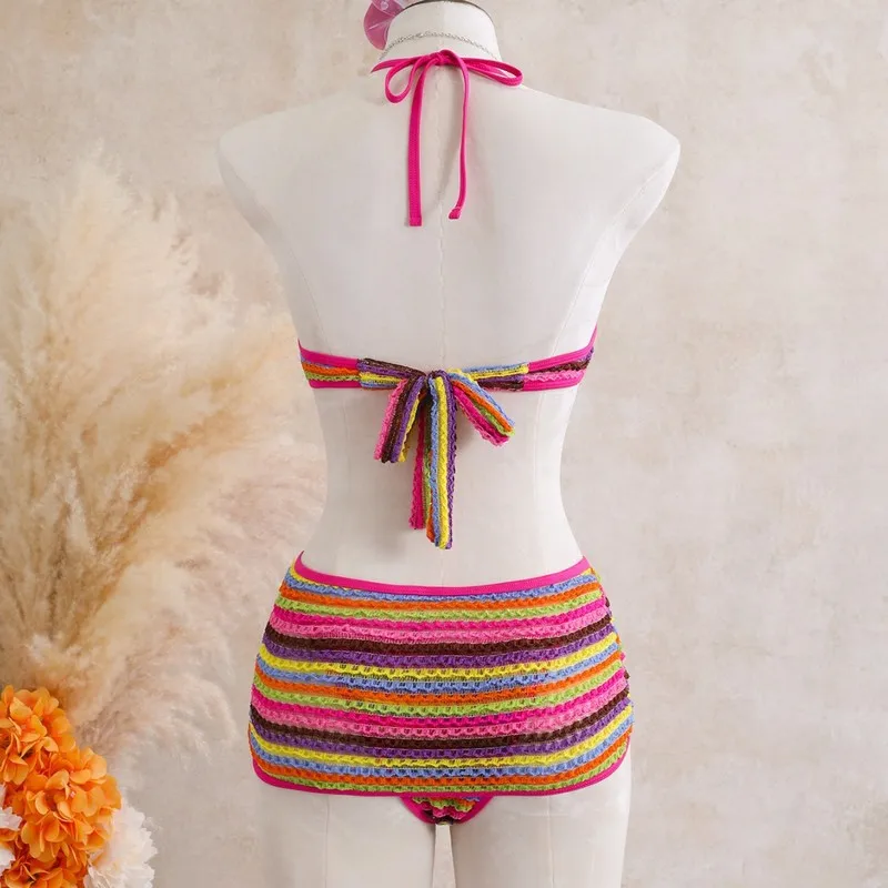 2026 Western New Rainbow Striped Monokini Halter Neck Tie Sexy Bikini Cross Border E Commerce Swimwear Beachwear