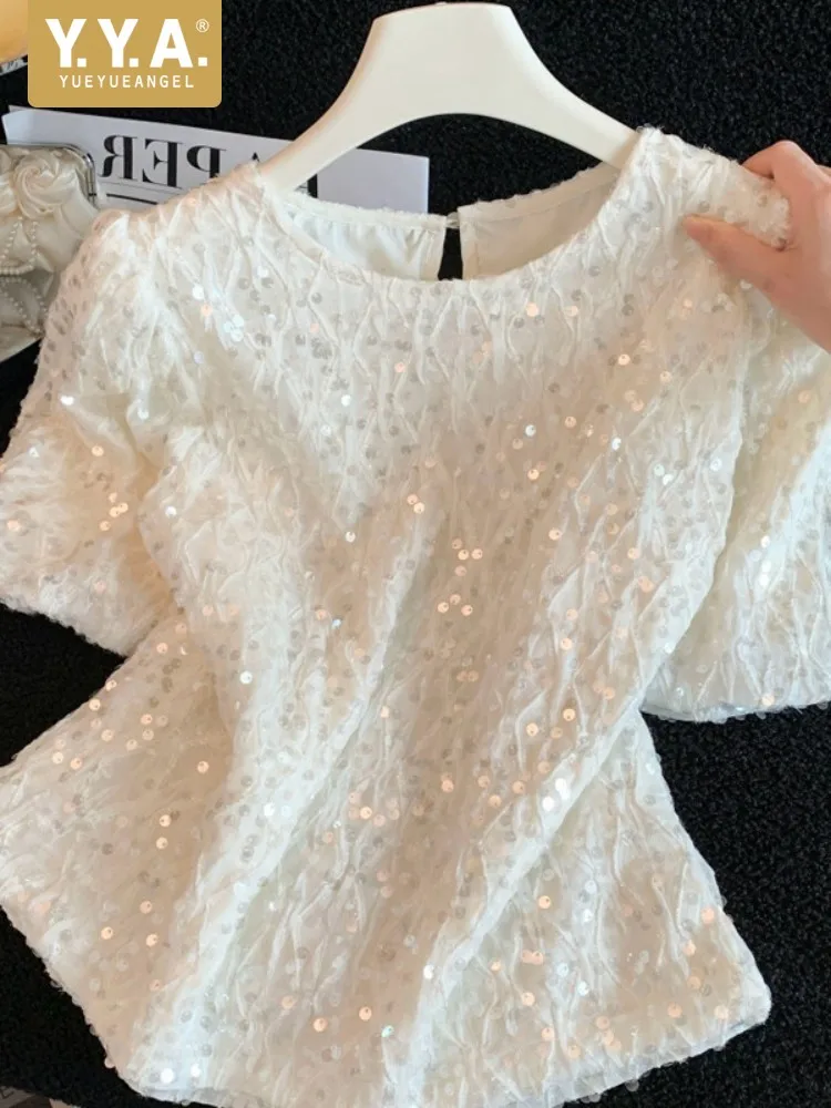 

Hot Sale Summer Women Pullover Sequins Shirts Fashion Short Sleeved O Neck Shirt Solid Color Streetwear Tees Female Crop Top