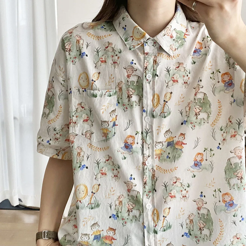 New Spring Cotton Sweet Shirt Women Short Sleeve Cartoon Printed Top Girl Loose Literature OL Blouses 2024 Summer T45817QM