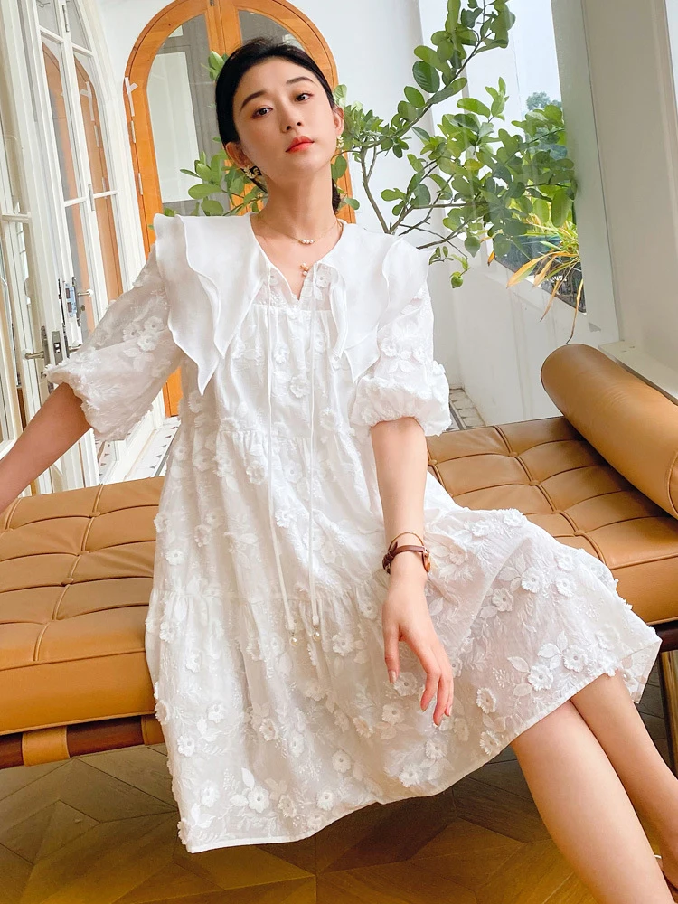 GypsyLady Elegant White Loose Midi Dresss Floral Embroidery Cotton V-neck Ruffles Women Ladies Party Dresses Vestidos New