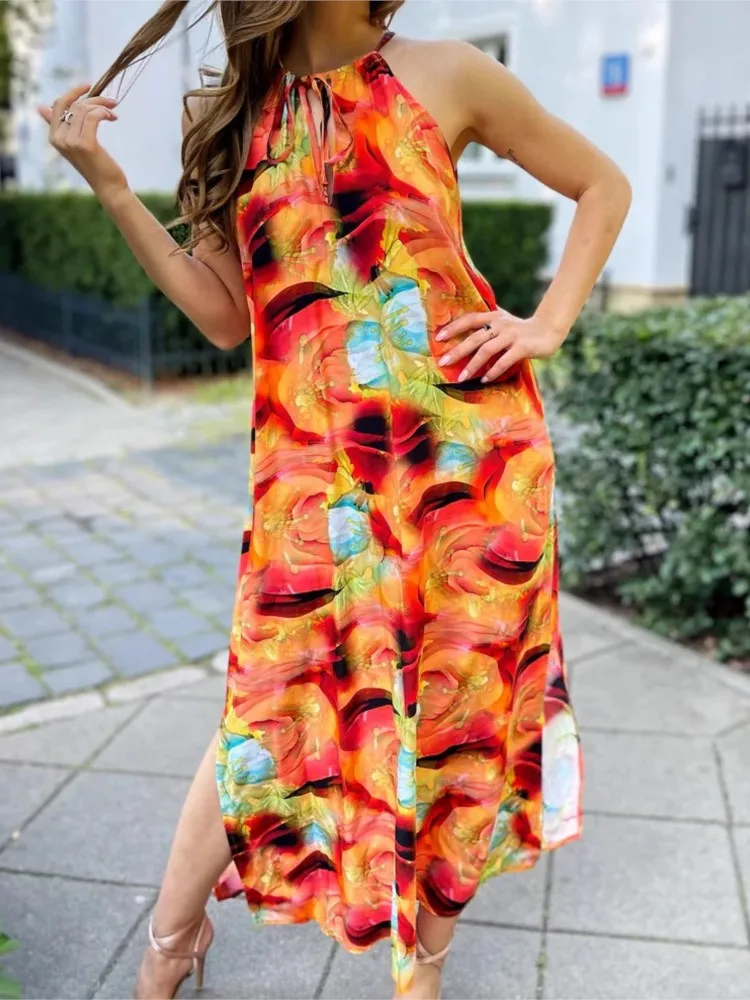 

Boho Print Loose Dress Female Fashion Sleeveless Halter Lace-Up Pullover Dresses For Women Casual Holiday Beach Y2k Skirts New