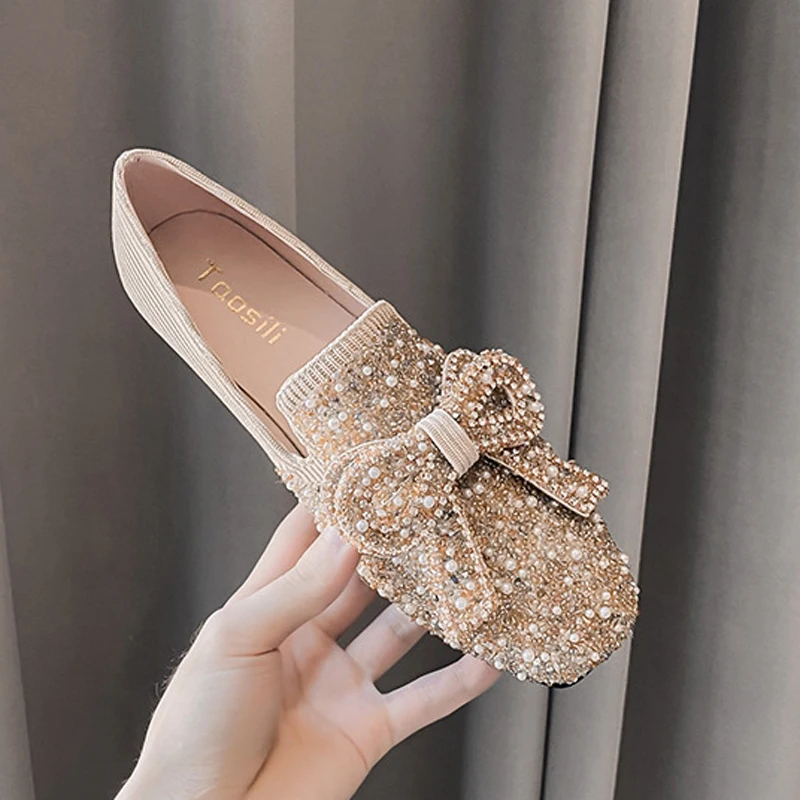 

Flats Loafers Shoes Women Luxury Butterfly Knot Square Toe Shoes Rhinestone Slip on Comfortable Slides Fashion Black Pink Gold