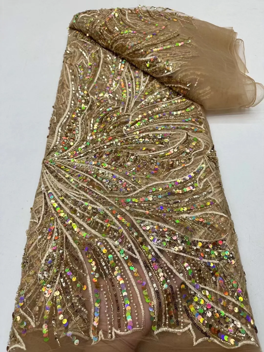 

High -End Gold Luxury French Embroidery Heavy Groom Lace Fabric African With Sequin Fabric For Wedding Dress