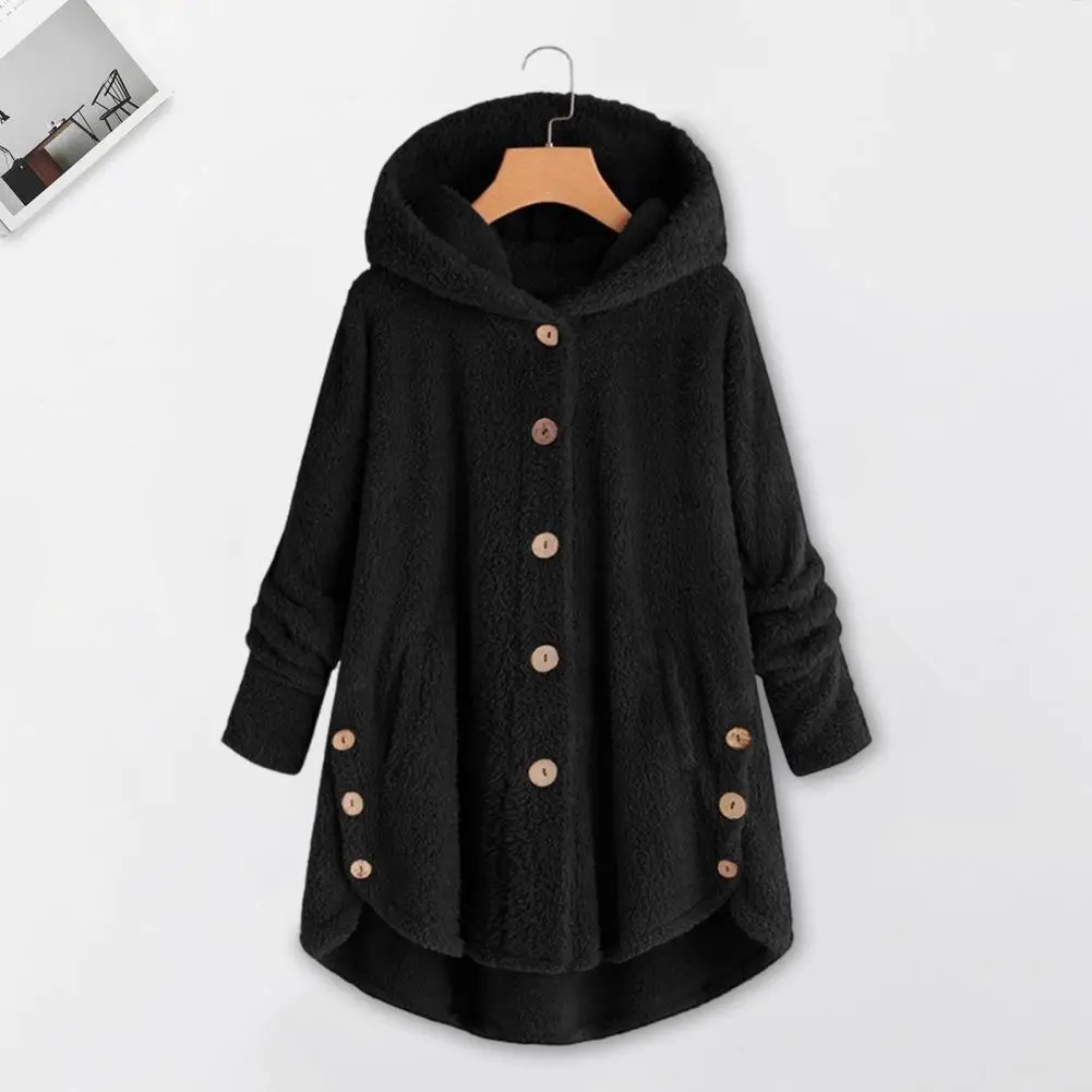 Women Plush Coat Autumn Winter Loose Warm Soft Flurry Jacket Women's Button Oversized Hooded Outwear M-3XL