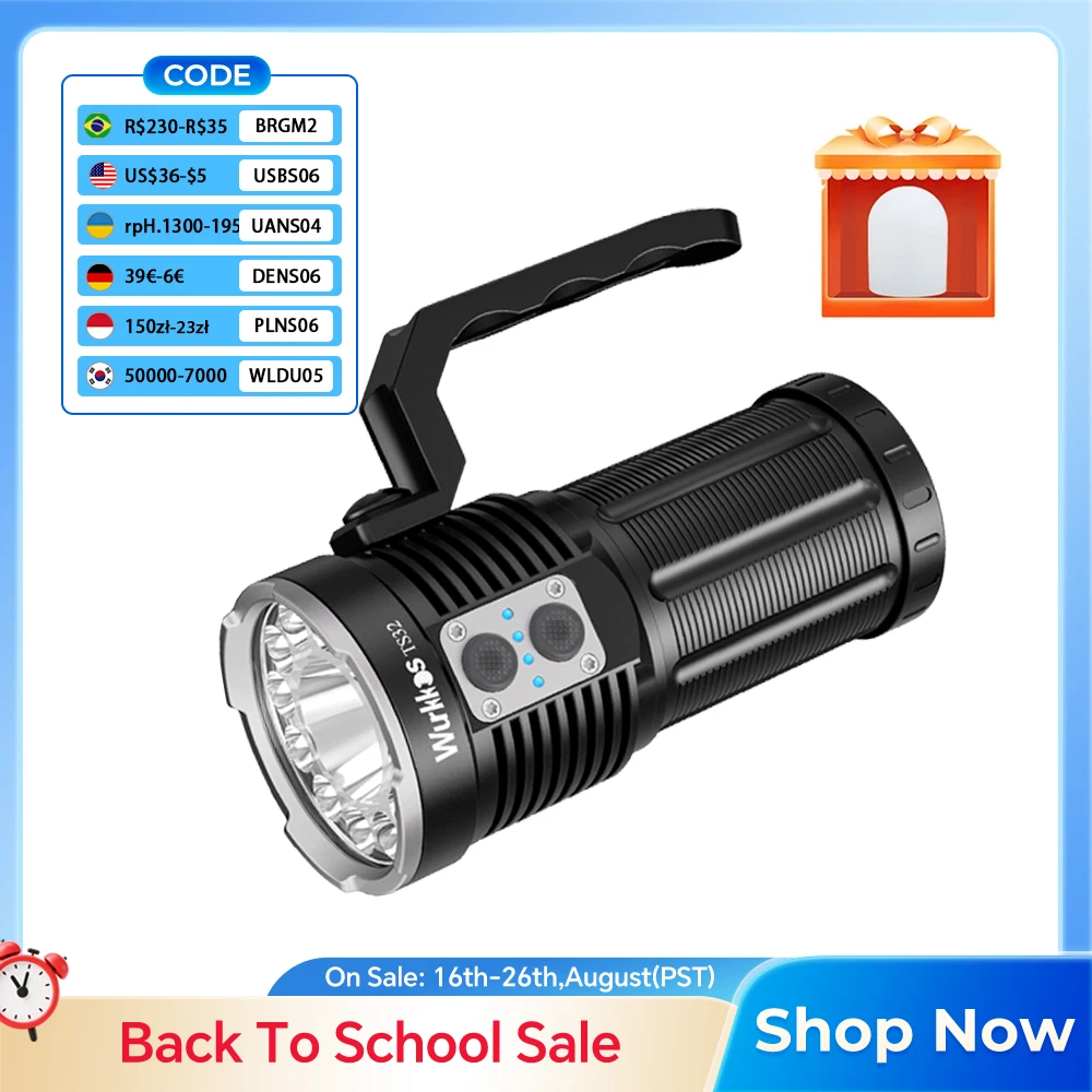 Wurkkos TS32 LED-Taschenlampe, ultrahell, 13000 Lumen, zwei Schalter, 3 21700-Batterien, maximale Reichweite 584 Meter, IP68 wasserdicht