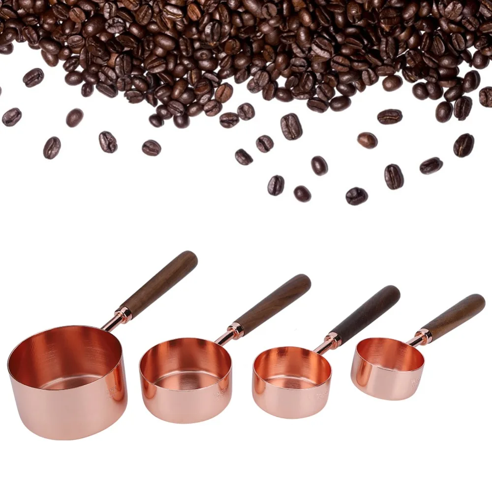 4PC Set Stainless Steel Measuring Cup Set Wooden Handle Copper Plated Measuring Spoon Set Thickened Handle Rose Gold Finish