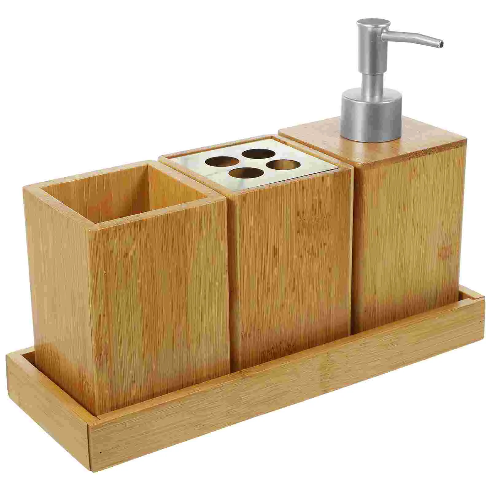 

Bathroom Accessories Set Bamboo 3 Piece Bath Countertop Kit Toothbrush Holder Mouthwash Cup Soap Dispenser Reusable Shampoo