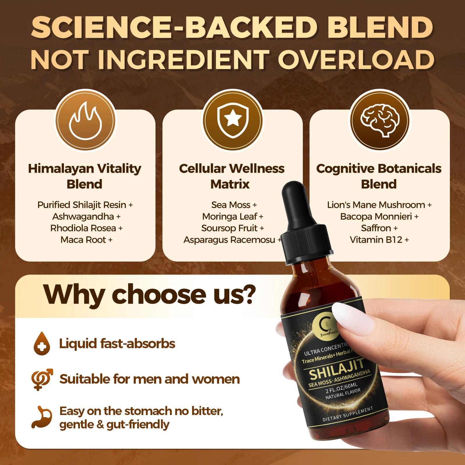قطرات سائل شيلجيت مع طحلب البحر، أشواغاندا، ماكا، مورينغا فيتامينات سائلة للنساء والرجال - تتبع المعادن + العشبية