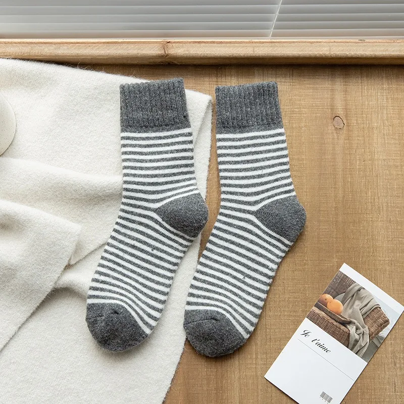 5 paires de chaussettes thermiques à rayures mi-mollet pour femmes, épaisses et chaudes, automne-hiver, chaussettes d'école en tricot thermique pour filles, vente en gros
