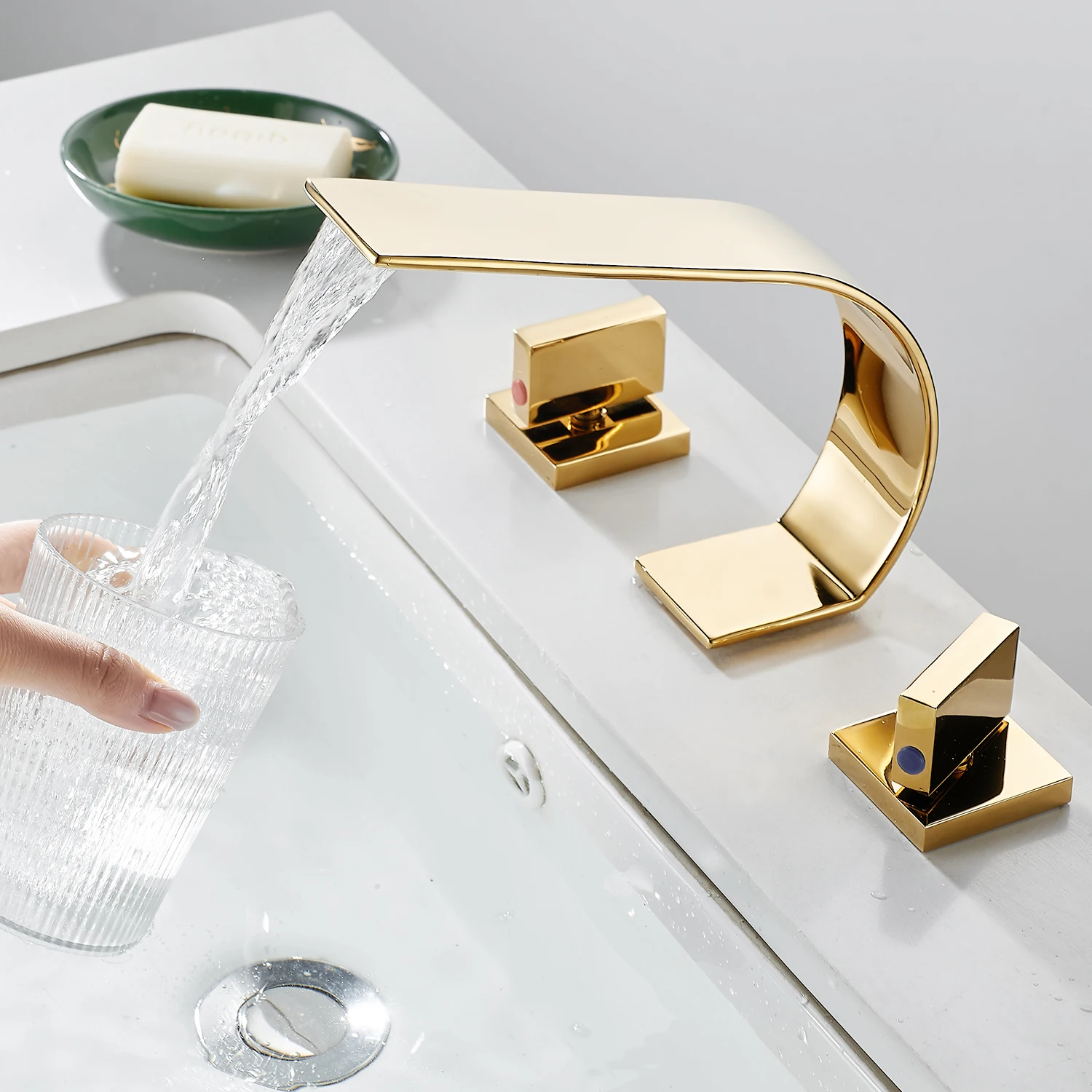 

Gold Bathroom Faucet 3 Hole,Ultrathin Low Arc 8 inch Widespread Bathroom Faucet,Waterfall Bathroom Faucet,2-Handle Modern Vanity