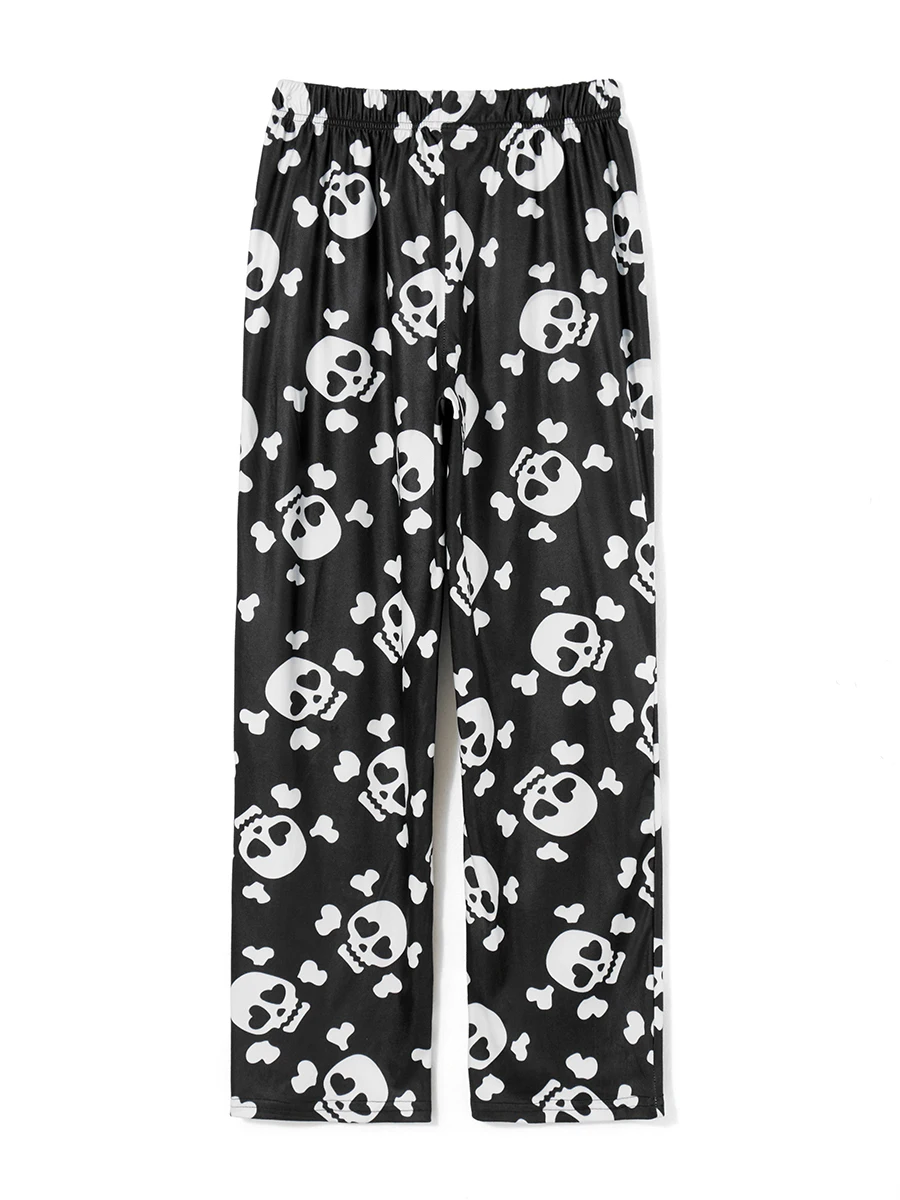 Women Christmas Skull Print Pajama Pants Elastic Waist Long Pants Skeleton Straight Pants Lounge Bottoms Sleepwear