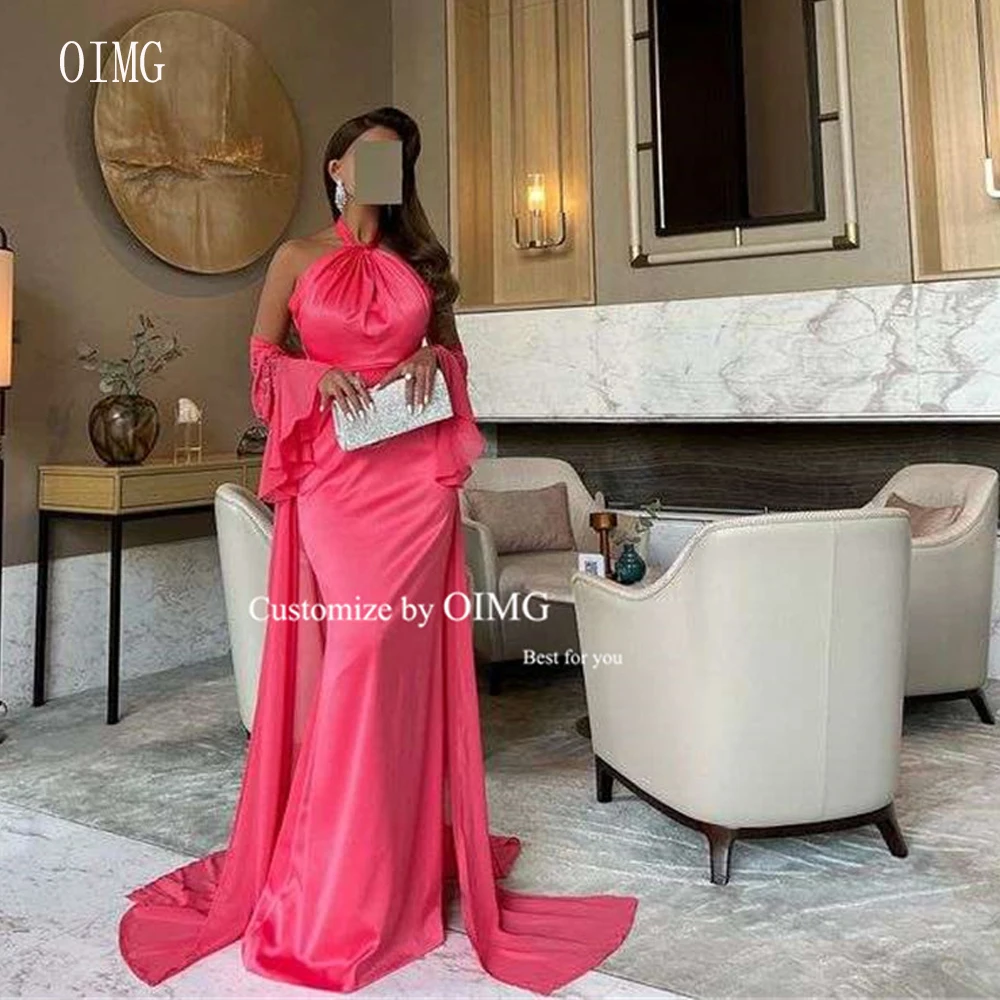 

OIMG Fuschia Pink Mermaid Evening Dresses Halter Long Cape Sleeves Floor Length Party Dress Simple Formal Ocasion Prom Gowns