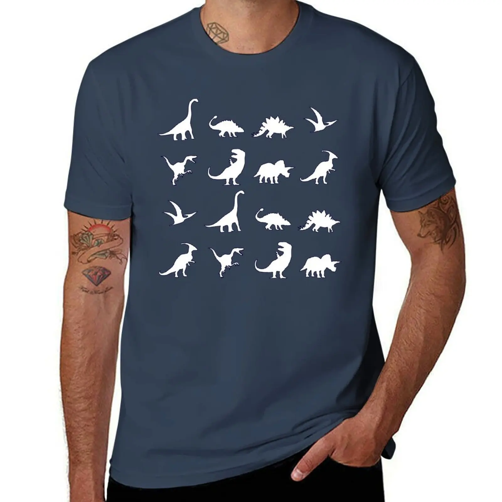 Dinosaur Pattern Outline (Dark Outline) T-Shirt Summer Casual Loose T-Shirt