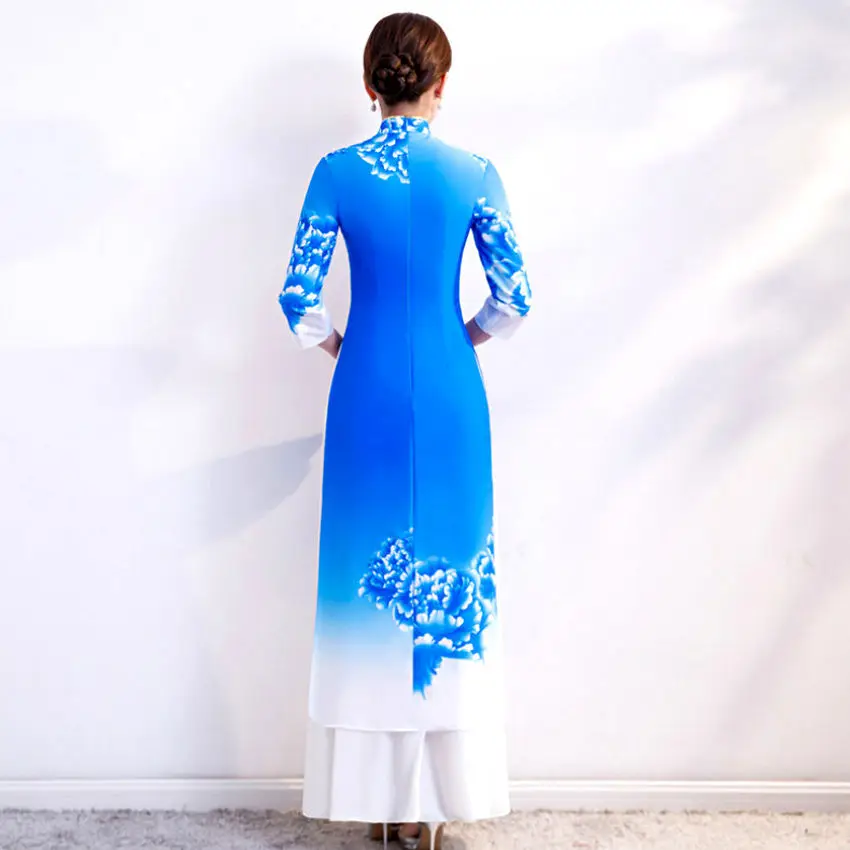 Performance Costume Long Cheongsam Catwalk Team Uniform Vietnam Ao Dai Retro Chinese Traditional Qipao Dress Evening For Women