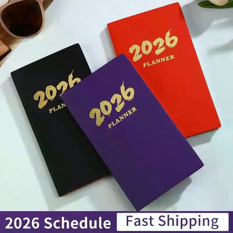 A6 Specification 2026 English Calendar Book, 64 Sheets 128 Page Leather Calendar Book, 365 Day Daily Plan Book