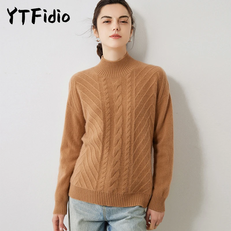 YTFidio 100% Cashmere Women Half High Neck Sweater Fried Dough Twists Pattern Soft Warm Solid Knitted Tops Loose Pullovers 25