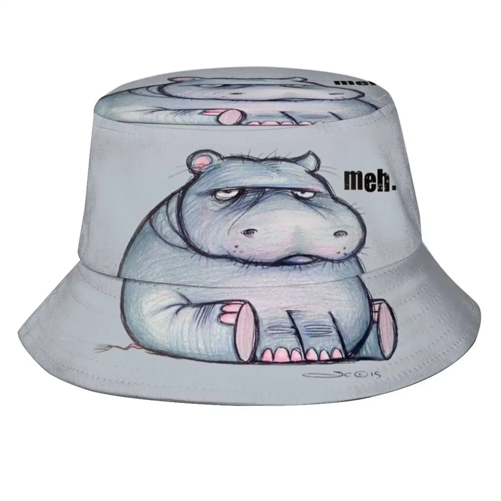 Meh Korean Caps Funny Beach Bucket Hats Zoo Animal Sad Upset Bored Meh Whatever Gray